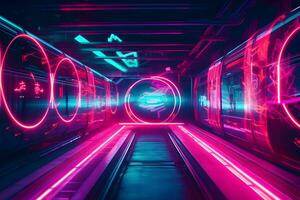 Metro future neon in synthwave style. Neural network AI generated photo
