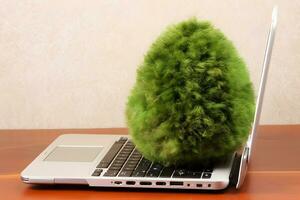 A tree grows from a laptop. Green information technology. Neural network AI generated photo