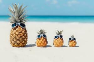 Family of funny attractive pineapples in stylish sunglasses on the sand against turquoise sea. Tropical summer vacation concept. Neural network AI generated photo
