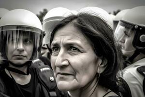 hembra activista protestando con megáfono durante un Huelga con grupo de demostrador en antecedentes. mujer protestando en el ciudad. neural red ai generado foto