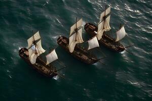 Clásico buques a mar. de madera velero paño en un tormenta a océano. un misterioso barco en Tormentoso ondas. neural red ai generado foto