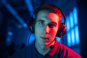 professional gamer playing tournaments online games computer with headphones, red and blue. Neural network AI generated photo