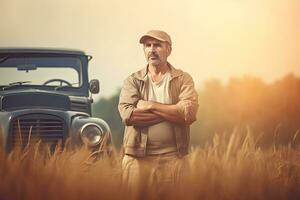 granjero y agrícola tractor en el campo. neural red ai generado foto