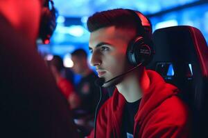 professional gamer playing tournaments online games computer with headphones, red and blue. Neural network AI generated photo