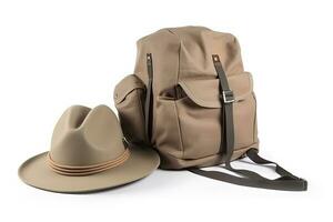 Travel set isolated on white background. Hat, backpack and boots. Neural network AI generated photo