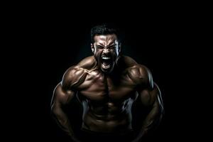 bodybuilder athlete screaming on black background. Neural network AI generated photo