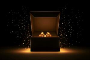 Gift box on a dark magic background with light bokeh. Festive background, magic box with a gift. Neural network AI generated photo