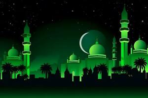 Ramadán kareem fondo.creciente Luna a un parte superior de un mezquita. neural red ai generado foto