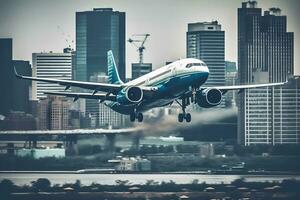 Commercial airplane flying over modern city. Neural network AI generated photo