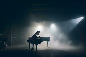 piano and smoke on stage. Neural network AI generated photo