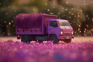 Truck of flowers colorful dalia. Neural network AI generated photo