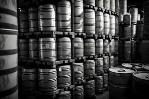 Stacks of beer barrels in brewery manufacturing warehouse. Neural network generated art photo