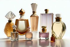 Different luxury perfume bottles on white background. Neural network generated art photo