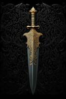 Medieval sword and scabbard. Fantasy golden sword with long blade. Neural network generated art photo