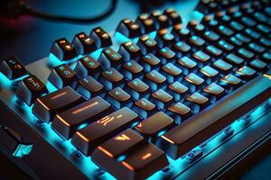 Futuristic custom PC keyboard concept with glowing blue tones. Neural network generated art photo