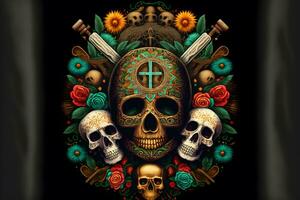 Composition with skulls and flowers for santa muerte celebrating. Neural network generated art photo