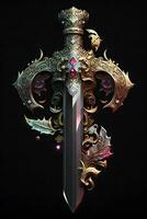 Medieval sword and scabbard. Fantasy golden sword with long blade. Neural network generated art photo