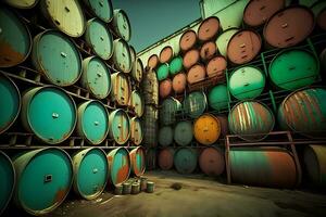 Stacks of oil barrels in oil refinery warehouse. Neural network generated art photo