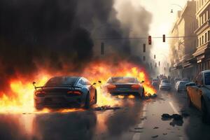 Burning automobile cars on fire accident in city road. Neural network generated art photo