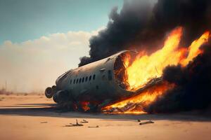 Burning airplane on fire accident in international airport. Neural network generated art photo
