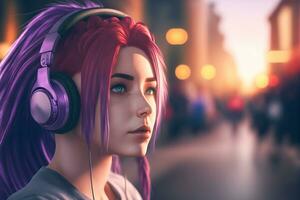 Portrait of young girl with purple hair listening music with headphones on city street. Neural network generated art photo