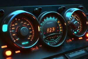moderno lujo deporte coche velocidad controlar tablero con azul ligero. neural red generado Arte foto