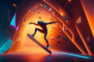 Abstract extreme sports lover performs leap into infinity with fictional skateboard or snowboard. Neural network generated art photo