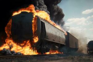 ardiente tren coche en fuego accidente en tren patio trasero. neural red generado Arte foto