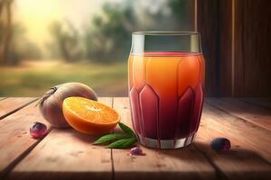 Glass of abstract fruit juice with fresh fruits on wooden table with summer field background. Neural network generated art photo