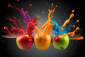 Colorful water splashing on apples as art performance moment catching. Neural network generated art photo