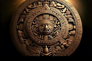 Close view of the ancient Aztec mayan calendar with round pattern and relief on stone surface. Neural network generated art photo