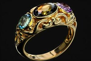 Beautiful ancient golden ring with many various big expensive gemstones and vintage ornament shape. Neural network generated art photo
