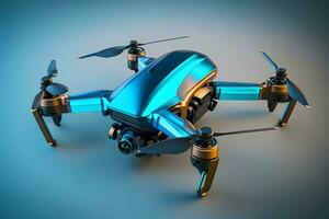 Realistic quadrocopter drone with propeller fans on glowing blue background. Neural network generated art photo