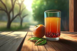Glass of abstract fruit juice with fresh fruits on wooden table with summer field background. Neural network generated art photo