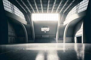 interior ver de un iluminado baloncesto estadio para un juego. neural red generado Arte foto