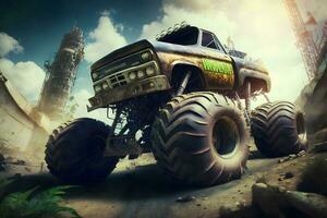 Bigfoot monster truck on wasteland junkyard. Neural network generated art photo