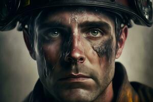 Portrait of firefighter dirty face in special helmet and firefighters uniform. Neural network generated art photo
