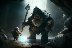 Warrior gnome in dark cave corridor with fantasy staff. Neural network generated art photo