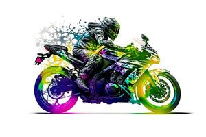 Sticker of Biker on sport motorcycle in watercolor style on white background. Neural network generated art photo