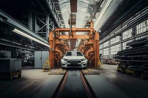 automatización automóvil fábrica concepto. robot montaje línea en coche fabricación. neural red generado Arte foto