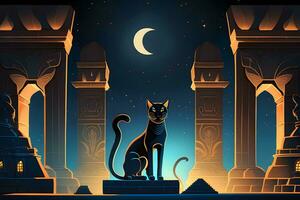 Egyptian fantasy abstract background, Egyptian goddess Bastet, black cat. Neural network generated art photo