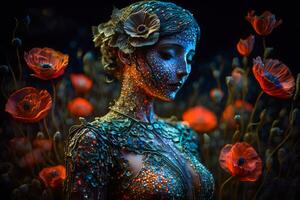 A fantasy portrait of ancient Roman goddess Venus with red poppies. Neural network generated art photo