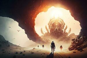 Futuristic scene with astronauts in space exploring a planet. Neural network generated art photo