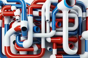 Abstract blue red and white pipes system on white background. Neural network generated art photo