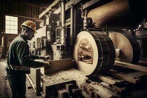 carpintería aserradero producción y Procesando de de madera tableros en un moderno industrial fábrica montaje línea en producción. neural red generado Arte foto