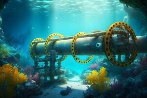 Metallic yellow pipe for transporting gas or oil underwater at the bottom. The concept of oil pipeline. Neural network generated art photo