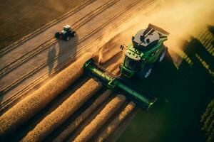 combinar segador cosechas maduro trigo en agricultura campo. neural red generado Arte foto