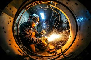 soldador trabajos con industrial automotor parte en metal fábrica. neural red generado Arte foto