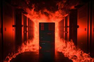 Disaster in server room or data center storage room on fire burning. Neural network generated art photo