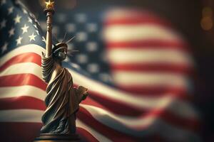 estatua de libertad en el antecedentes de el americano bandera. democracia y libertad concepto. neural red ai generado Arte foto